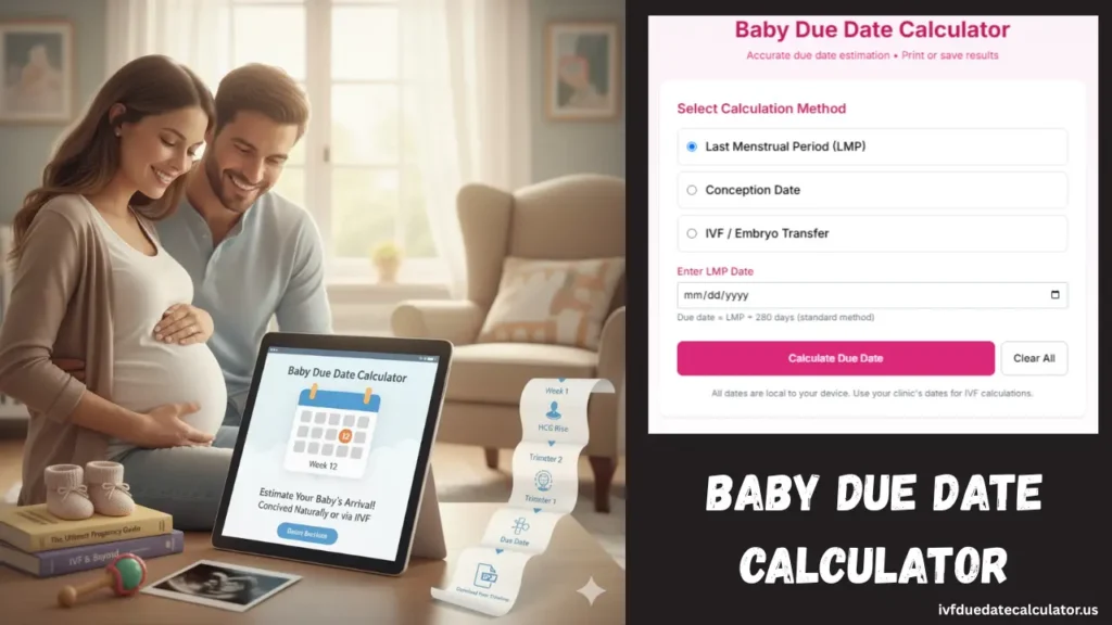 Baby Due Date Calculator showing estimated due date and pregnancy weeks tracker for women based on LMP or conception date.