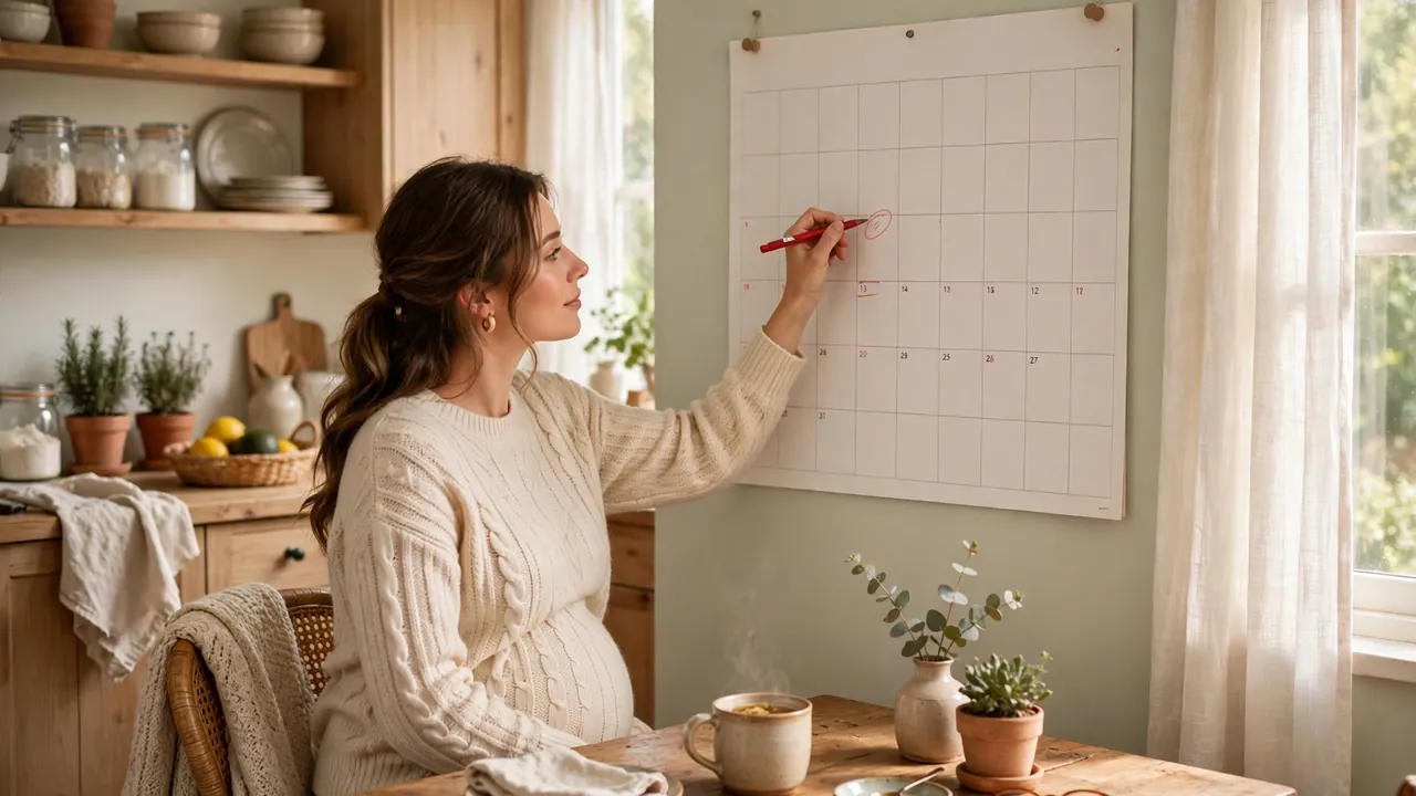 Pregnant woman marking her calendar while counting down with a baby due date calculator