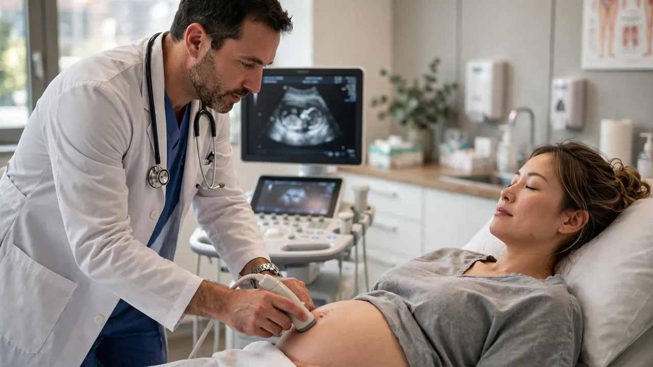An obstetrician performs a prenatal ultrasound to confirm a baby due date calculator estimate