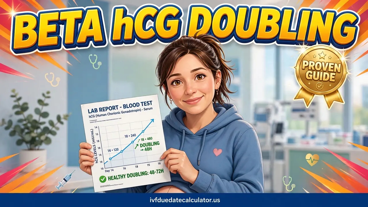 Beta hCG doubling calculator showing a woman holding a lab report with a rising hCG chart
