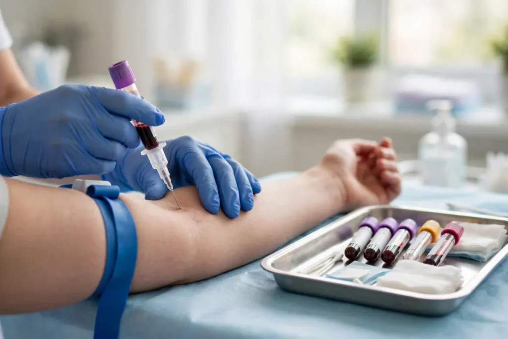 Nurse drawing blood for a beta hCG test after IVF embryo transfer