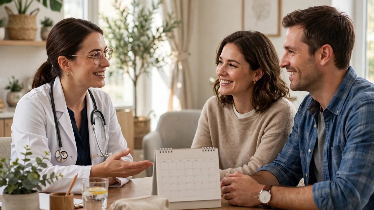 Doctor explaining an IVF due date change to a couple during a clinic consultation