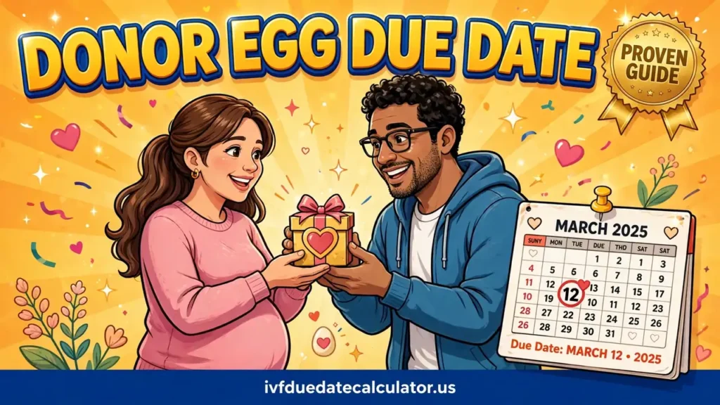 Donor egg IVF due date calculator showing a couple holding a gift box with a heart and a calendar