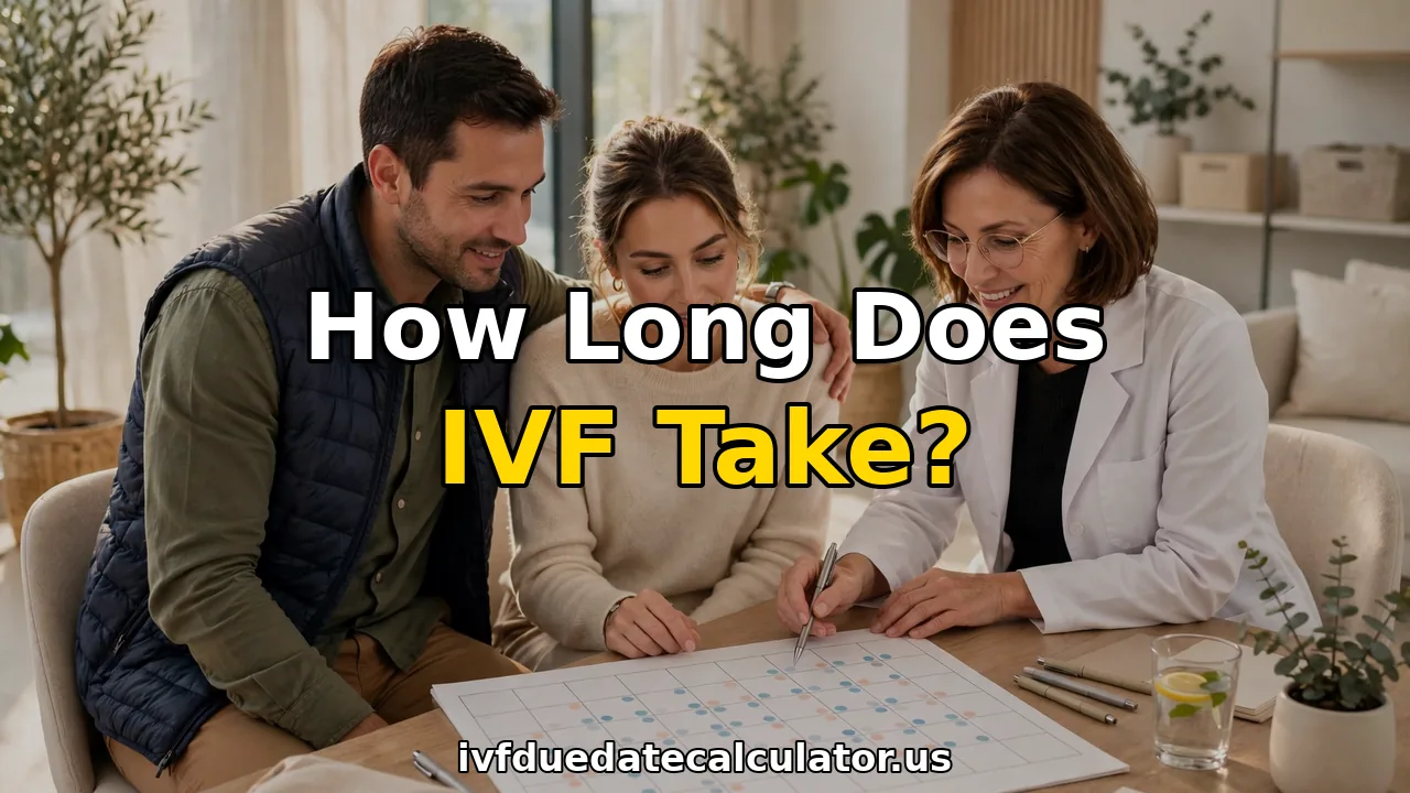 Fertility doctor reviewing an IVF treatment calendar with a couple in a clinic — how long does ivf take from first consult to pregnancy test