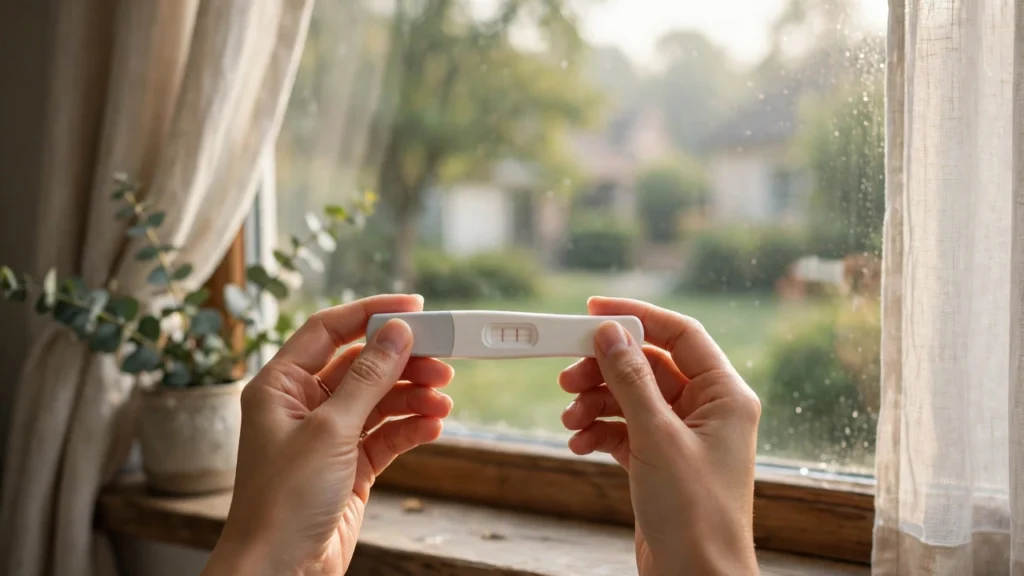 Woman holding a pregnancy test at home — the IVF pregnancy test comes 10–14 days after embryo transfer