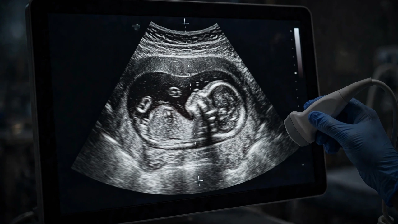 Ultrasound dating in an IVF due date vs ultrasound due date comparison — crown-rump length measurement on a first-trimester scan