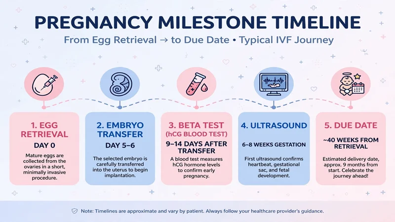 Pregnancy milestone timeline from egg retrieval through transfer to due date