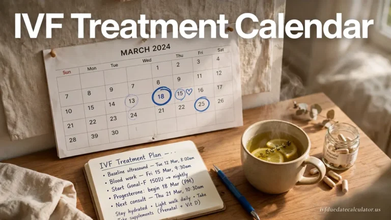 IVF Treatment Calendar: wall calendar with circled treatment dates, a handwritten IVF plan notebook, and the ivfduedatecalculator.us signature