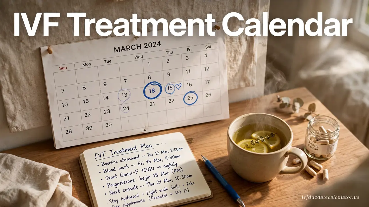 IVF Treatment Calendar: wall calendar with circled treatment dates, a handwritten IVF plan notebook, and the ivfduedatecalculator.us signature