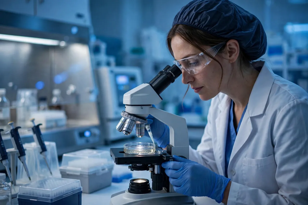 IVF calendar: embryologist examining embryo development under a microscope between retrieval and transfer day