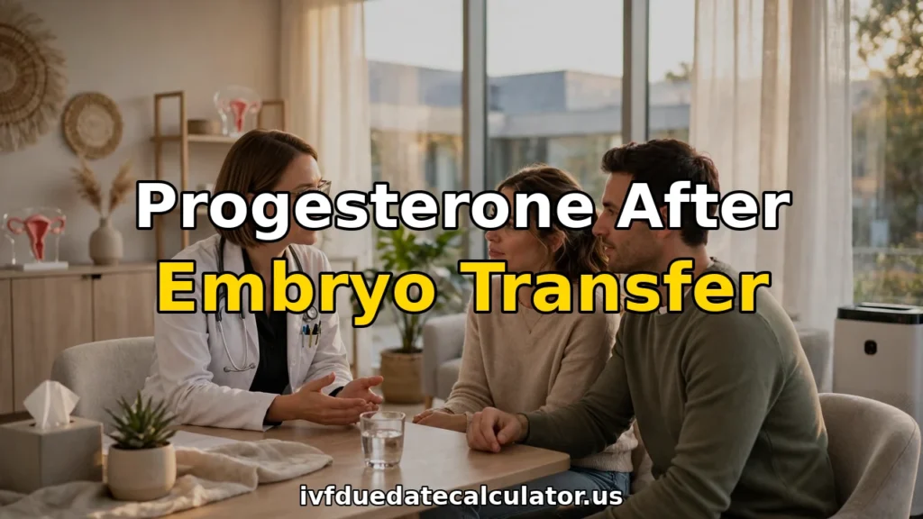 Fertility doctor counseling a couple about progesterone after embryo transfer in an IVF clinic
