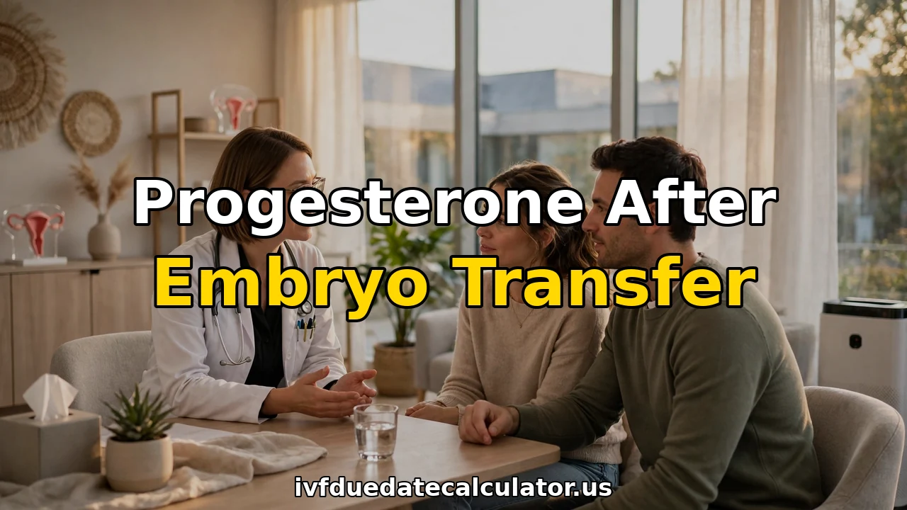 Fertility doctor counseling a couple about progesterone after embryo transfer in an IVF clinic