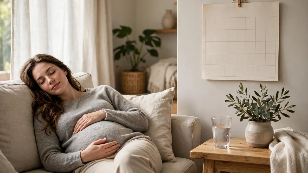 Pregnant woman resting at home beside a calendar — progesterone after embryo transfer is usually continued for weeks, not days