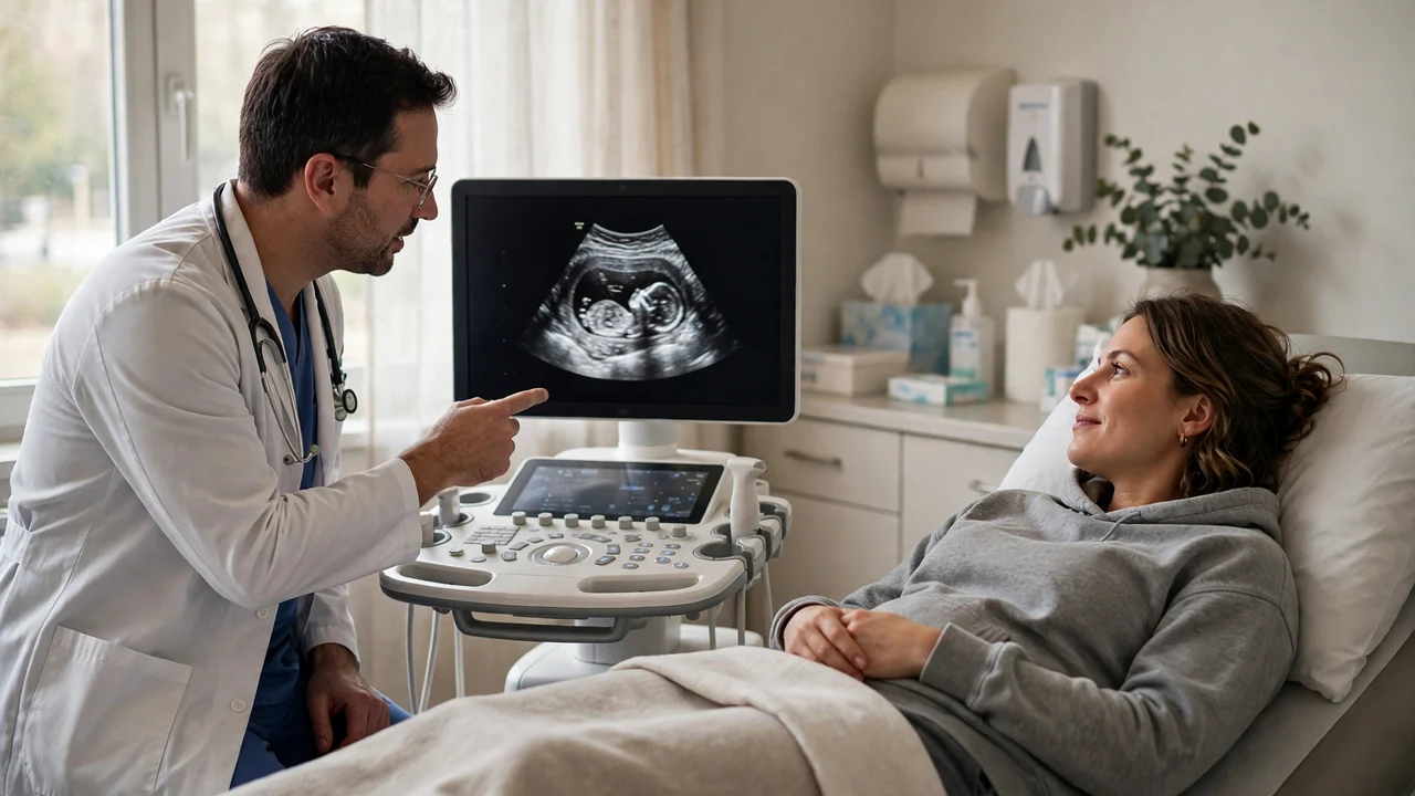 Doctor showing an early pregnancy ultrasound to a patient — ultrasound confirmation is part of deciding when progesterone after embryo transfer can stop