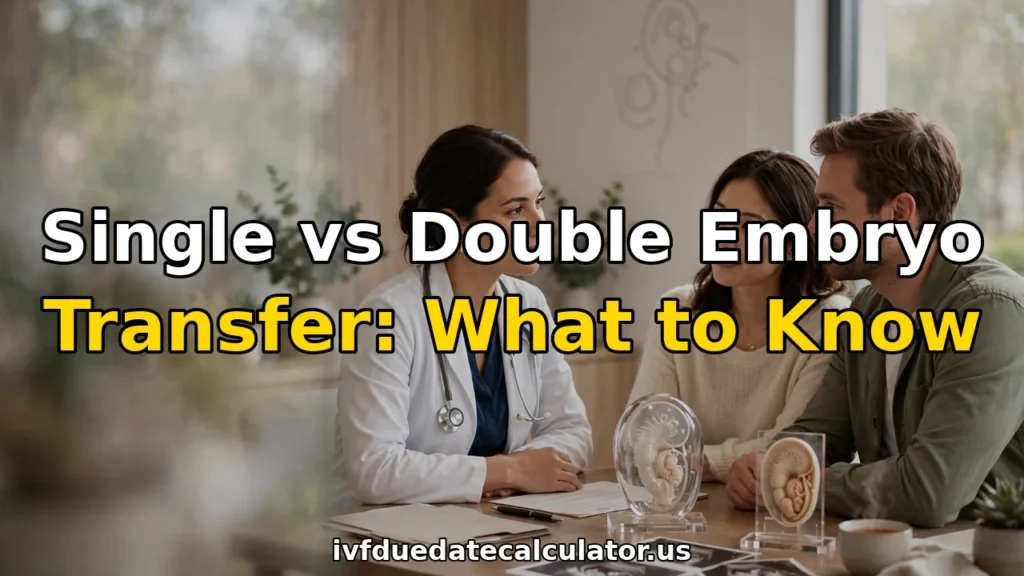 Fertility doctor counseling a couple about single vs double embryo transfer in an IVF clinic