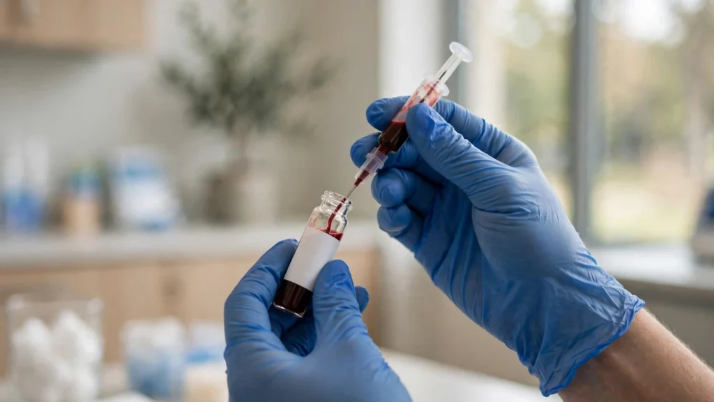 Nurse drawing a blood vial for a beta hCG pregnancy test after IVF transfer