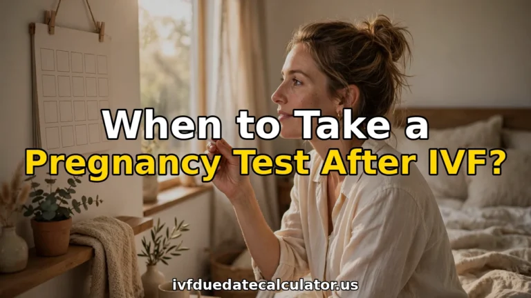 Woman deciding when to take a pregnancy test after IVF, holding a test stick in front of a wall calendar